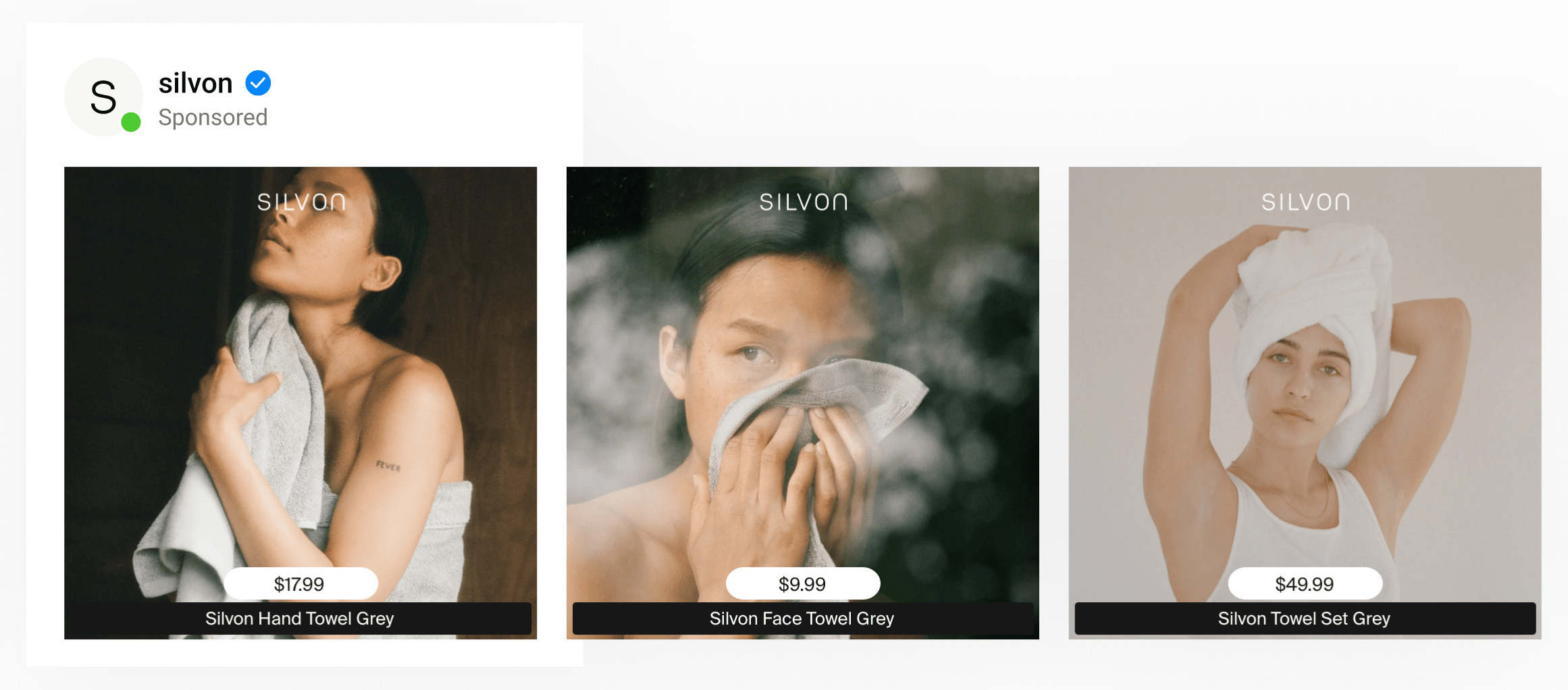 A dynamic ad by a bed & bath brand featuring lifestyle photos of a woman using a towel. Includes product name & title.
