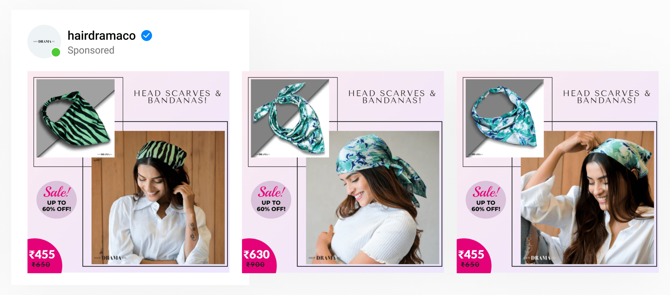 A dynamic ad template by clothing accessories bran using 2 lifetysle images on pink layout with collection name, cut price & sale messaging.