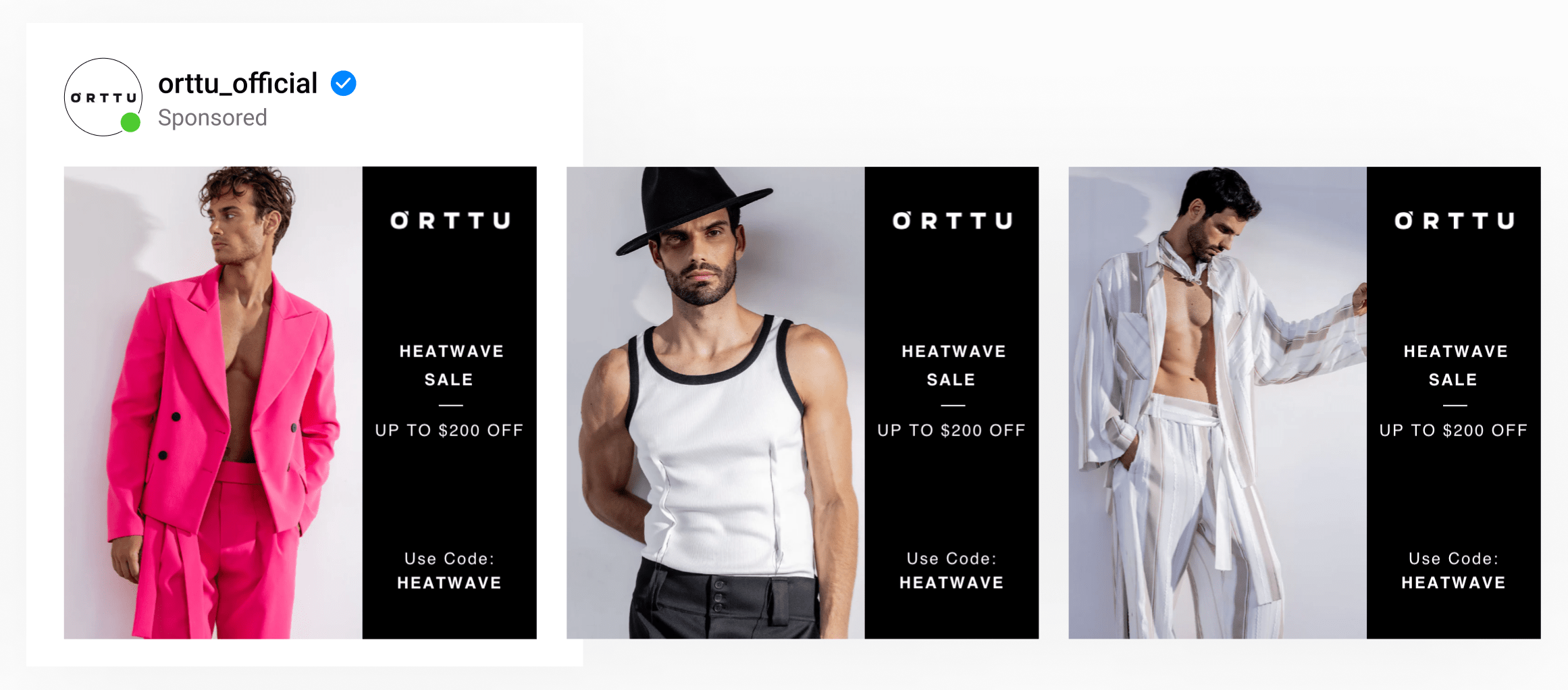 A dynamic ad template by men's designer clothing using models wearing products, with brand logo, sale messaging & coupon code