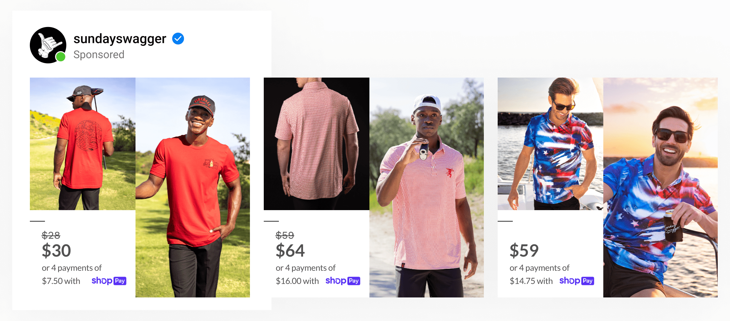 A dynamic ad template by clothing brand Sunday Swagger using two lifestyle images with product price & BNPL offers