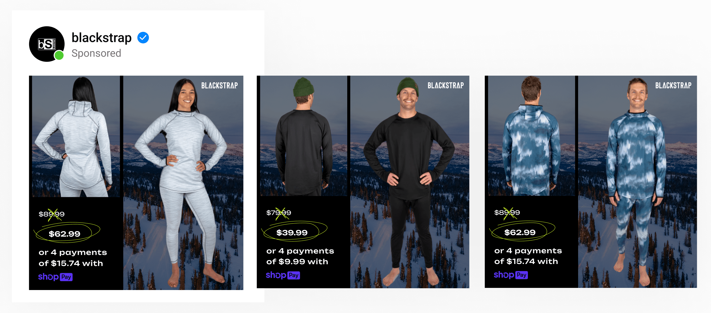 A dynamic ad template by athleisure brand BlackStrap using two lifestyle images with discounted price & BNPL offers