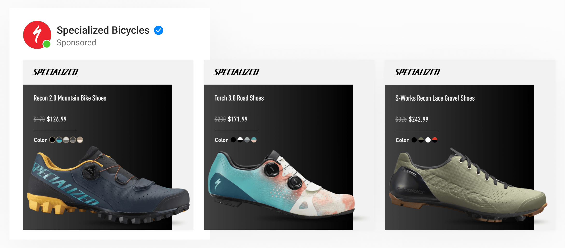 A dynamic ad template for international sportswear brand with bike shoes on top of gradients with price, name & variant info.
