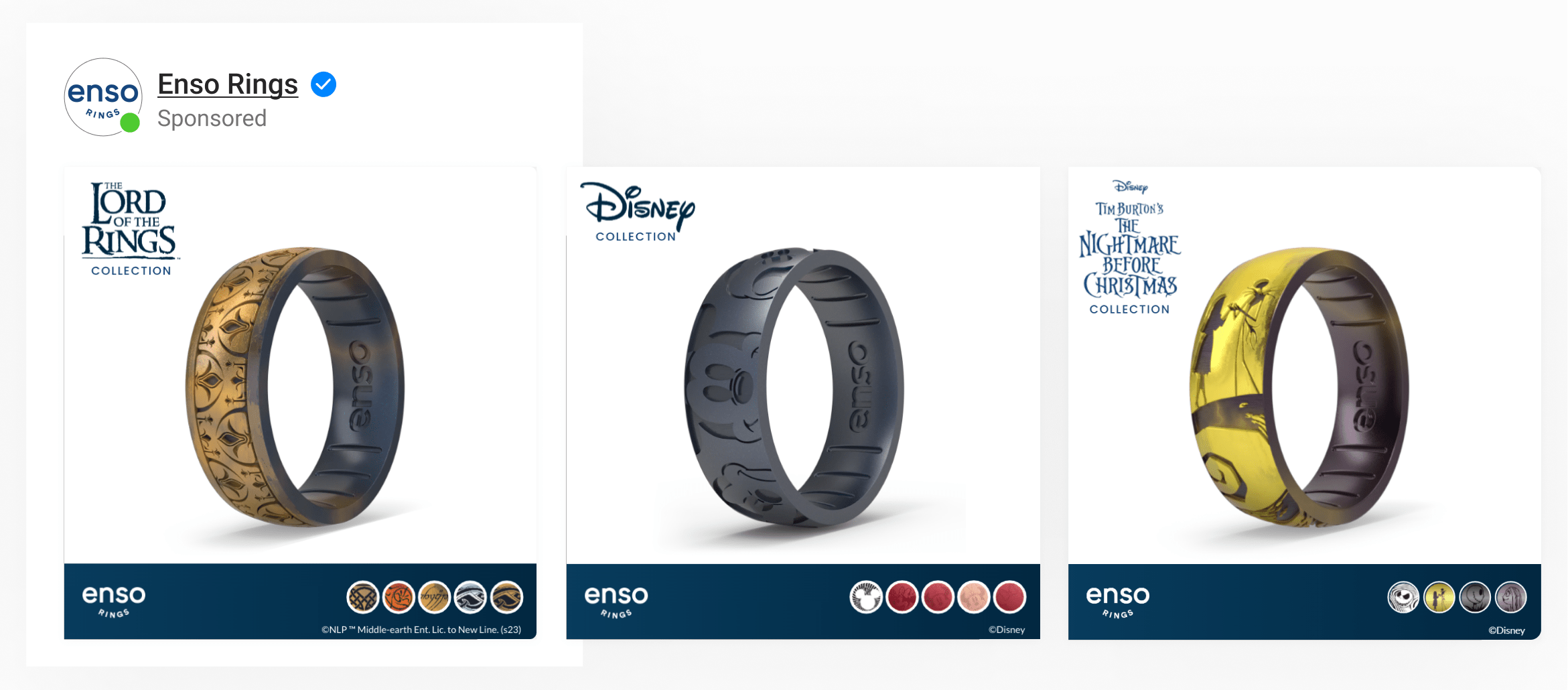 A dynamic ad template by accessories brand Enso Rings showing product with collection name & variant info mapping overlayed.