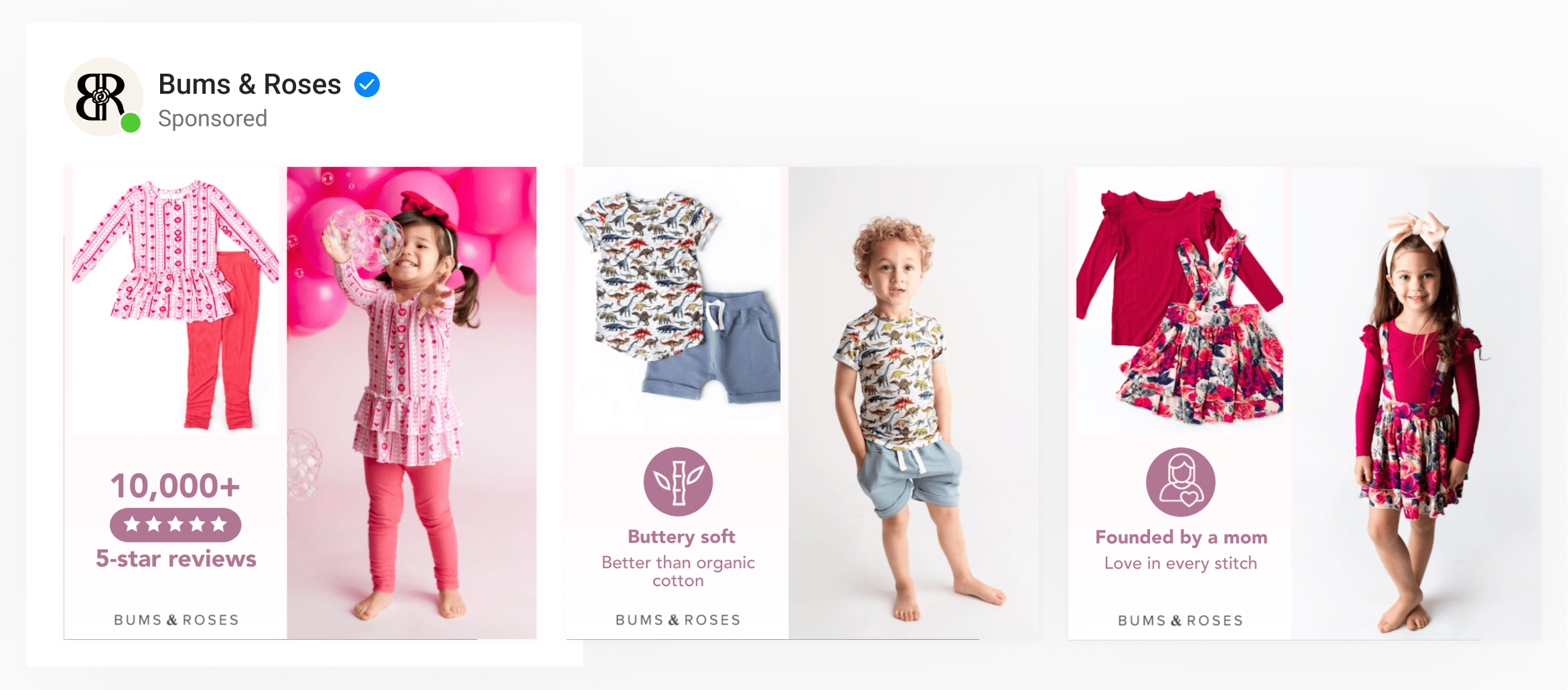 A dynamic ad template by kid's clothing brand using two images, product & lifestyle with rotating unique selling points.