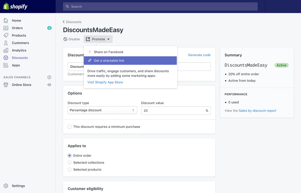 Shopify creating shareable discount code link