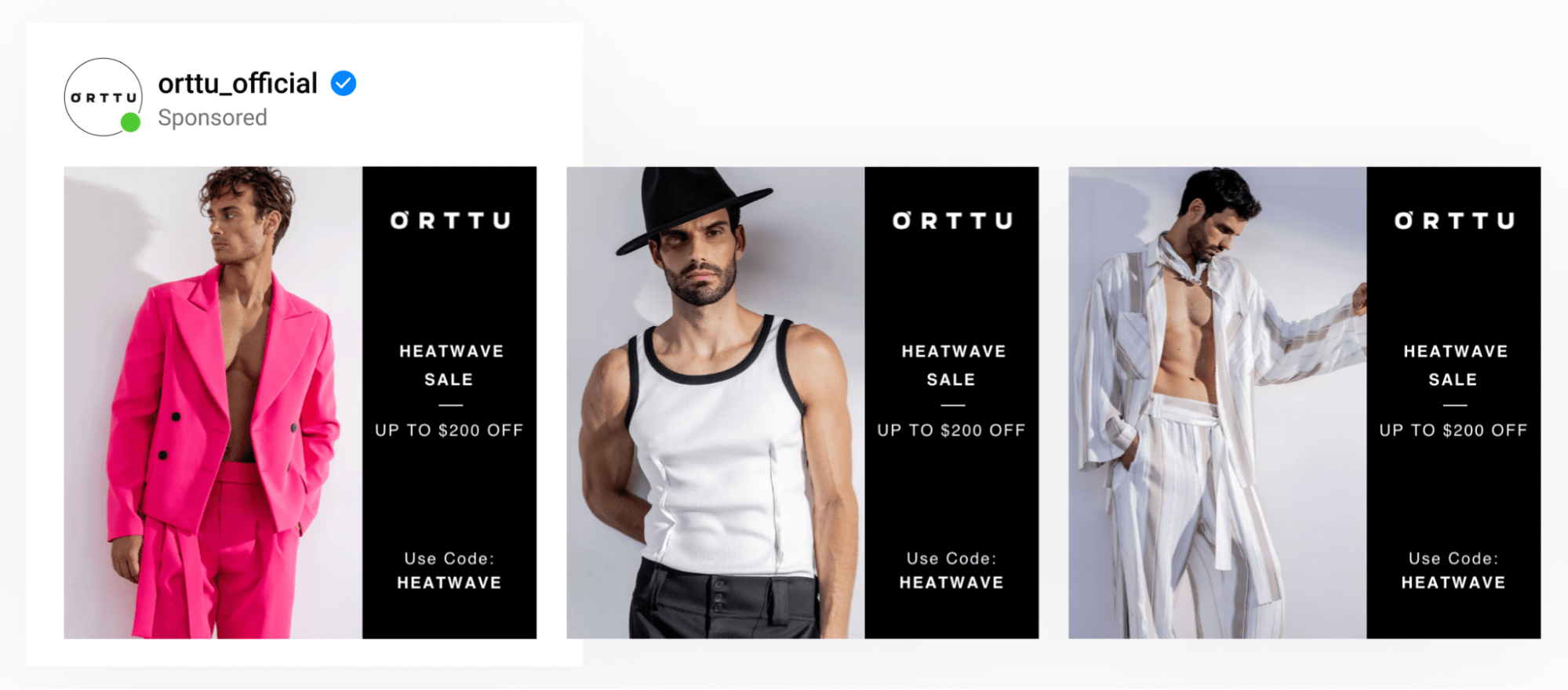 A carousel card by men's apparel brand Orttu displaying their discount code and promotion designed via Socioh
