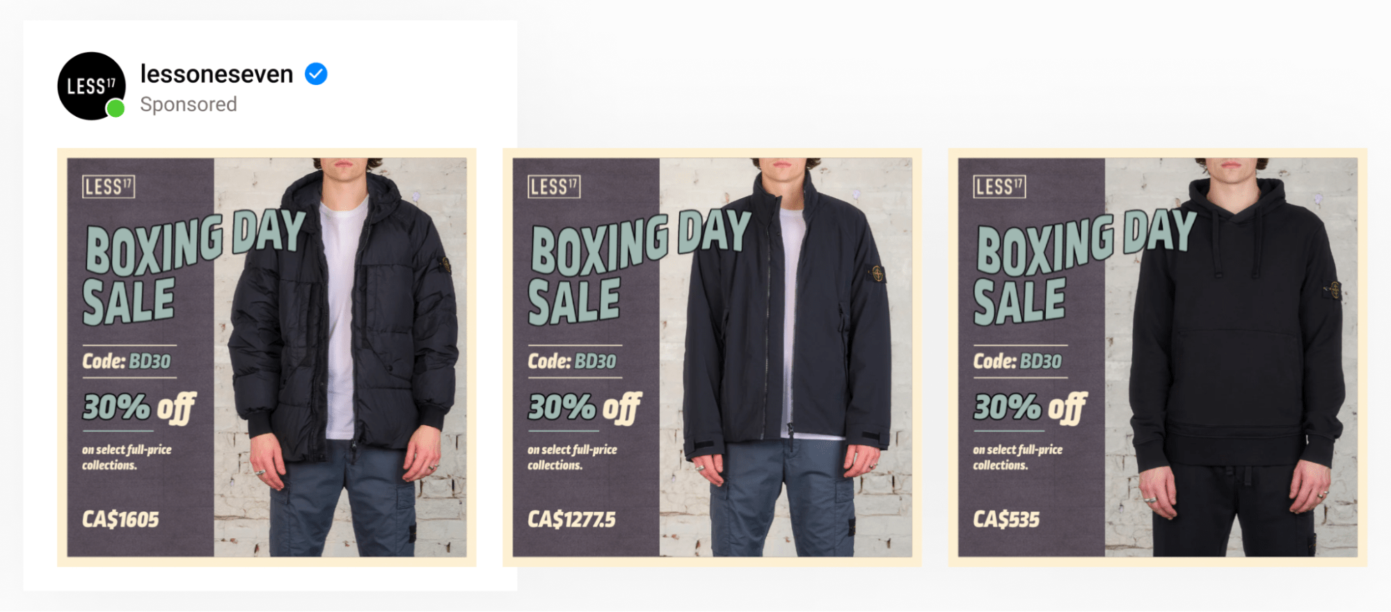 An carousel ad displaying boxing day sale and discount code by apparel brand lessoneseven designed via Socioh