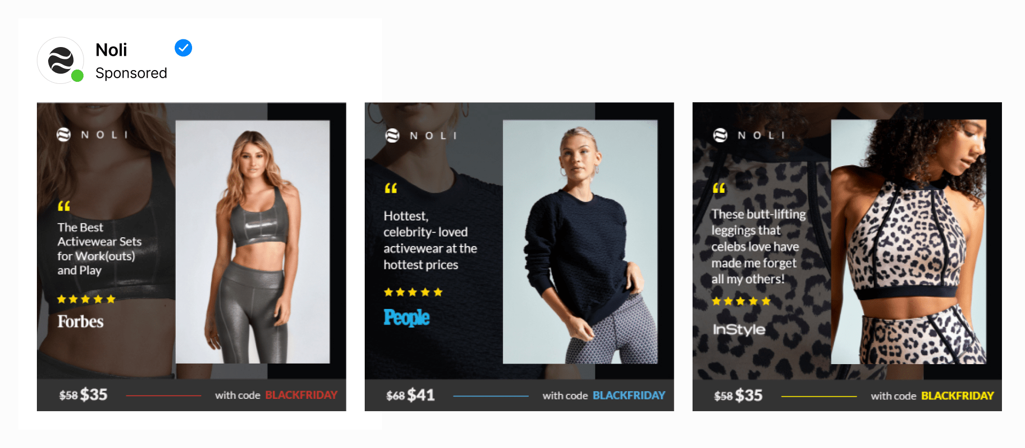 A dynamic ad template by athleisure brand with lifestyle images next to changing PR quotes, discounted pricing & coupon codes