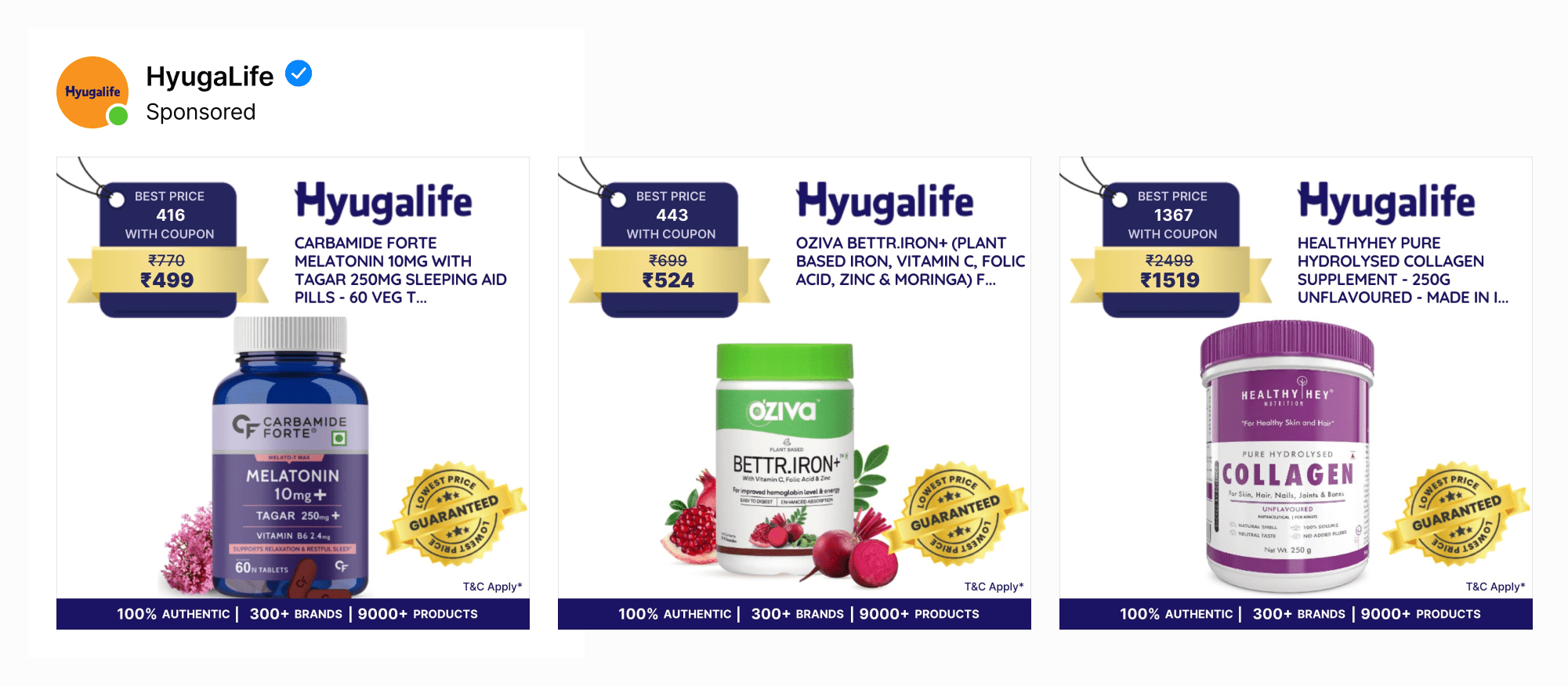 A carousel ad by Hyugalife with template with key USPs and trust seal, and slashed price and further discounted prices highlighted