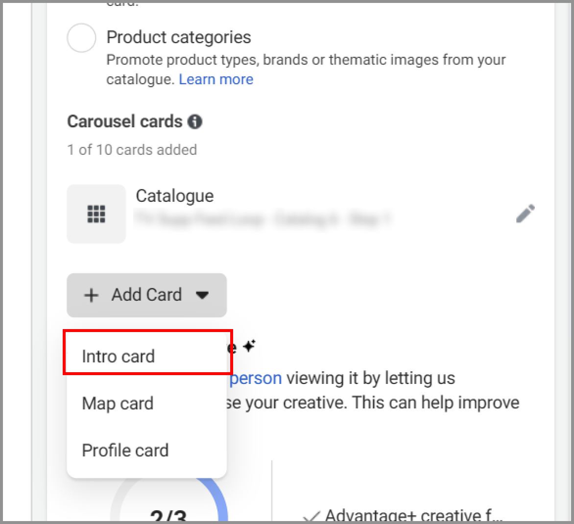 Snapshot of a dropdown asking the advertiser to 'Add Card' to the carousel ad. It offers three choices of which 'Intro card' is selected. The other available options are Map Card and Profile Card.