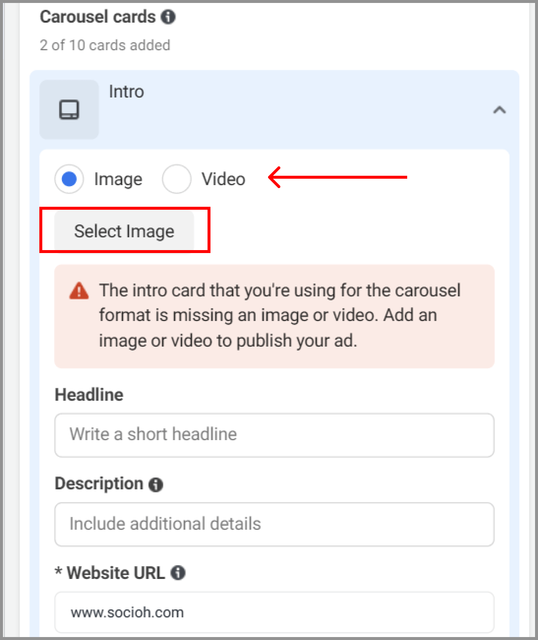 Snapshot asking the advertiser to upload the relevant image or video for the carousel ad's intro card.