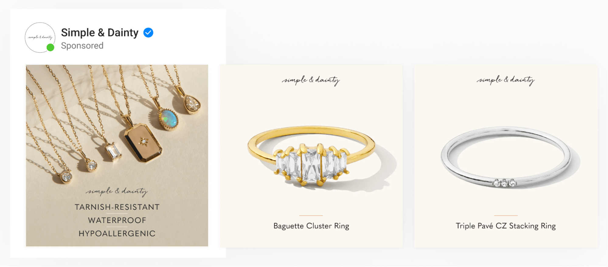 A dynamic ad by jewelry brand with an intro card that sets context with value propositions of the products in the catalog ad