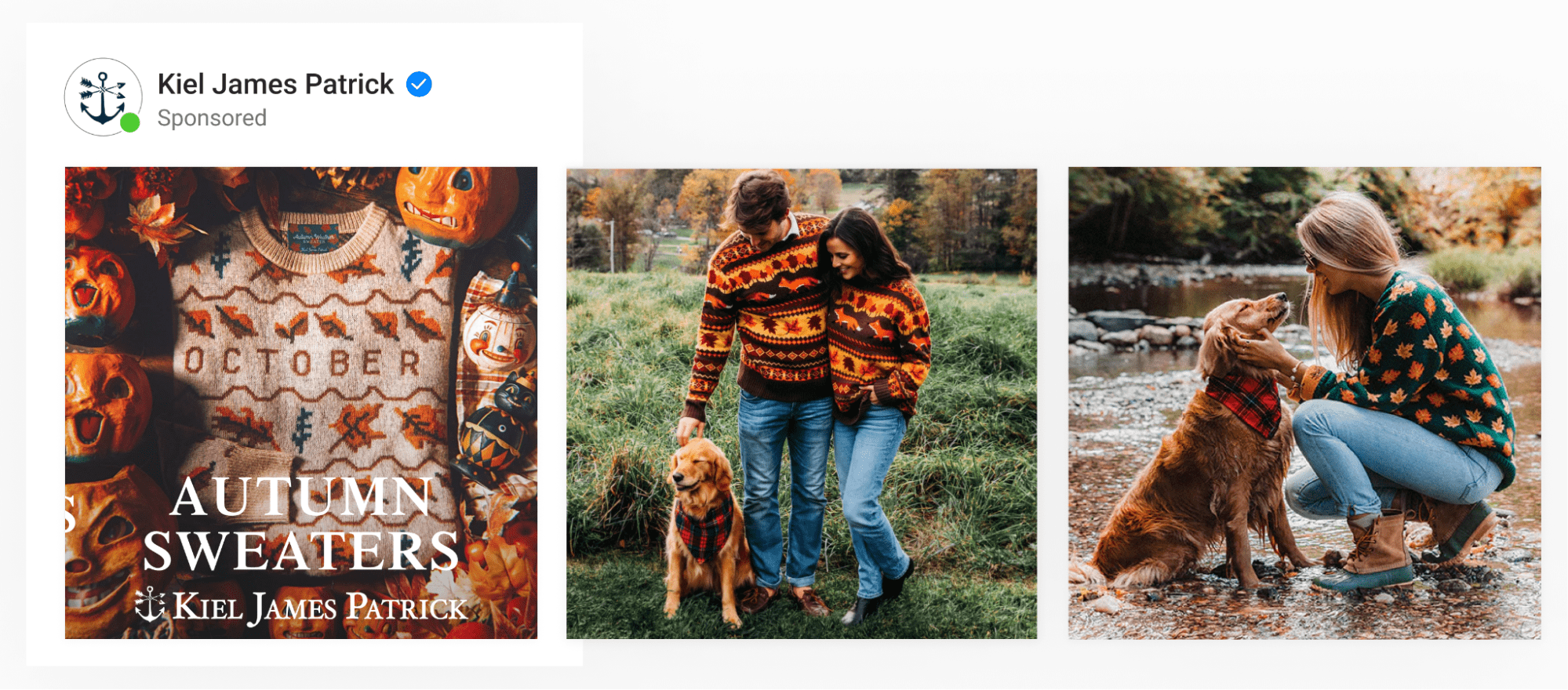A dynamic ad by clothing brand with an intro card that sets context of Autumn sweaters autumn products in the catalog ad