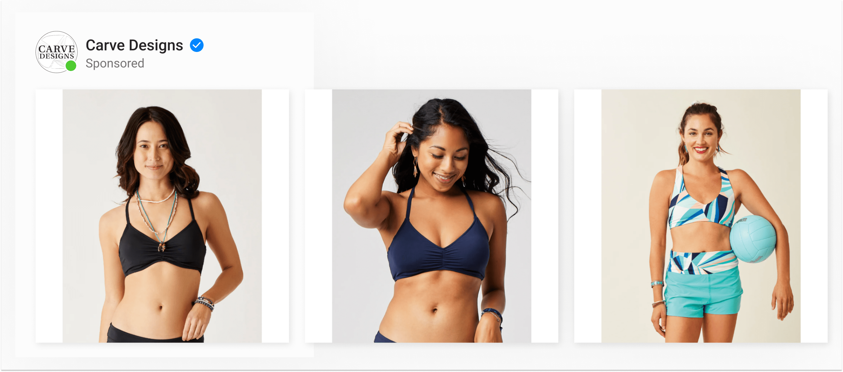 Example of a plain feed dynamic ad by apparel brand Carve Designs showing white bars
