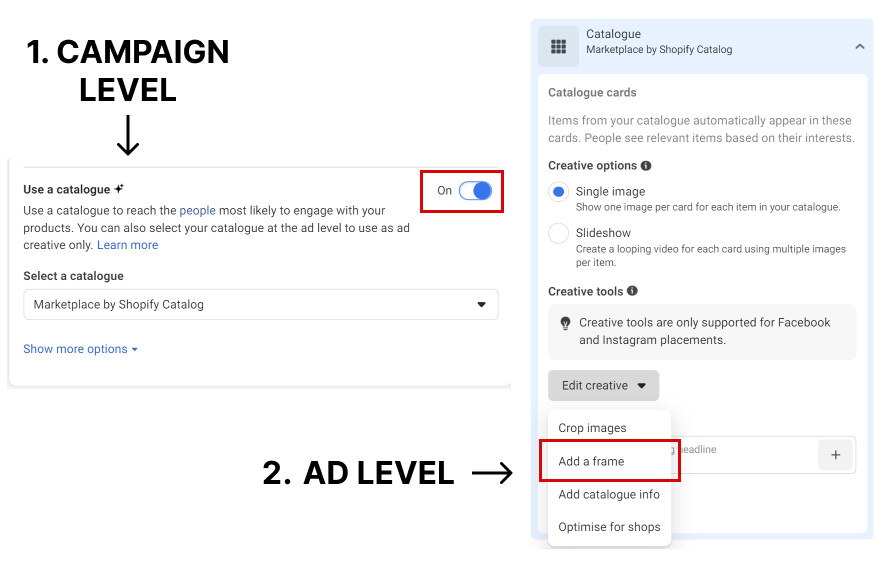 Screenshot of Meta's UI showing how to add overlays when setting up a catalog ad