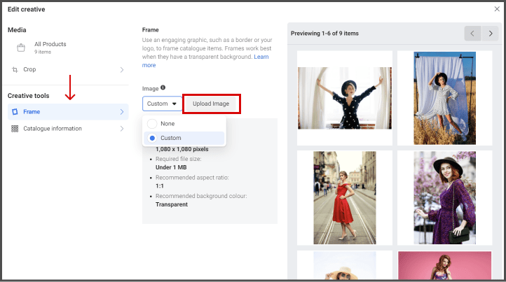 Screenshot of Meta's UI showing how to upload a frame to add to your DPAs