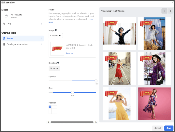 Screenshot of Meta's UI showing how to add frames to your DPAs
