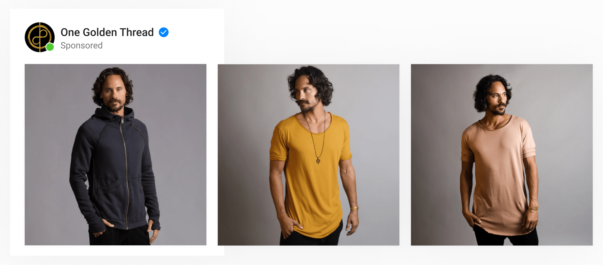 A dynamic carousel ad by men's apparel brand One Golden Thread showing lifestyle images of models in t-shirts and tanks.