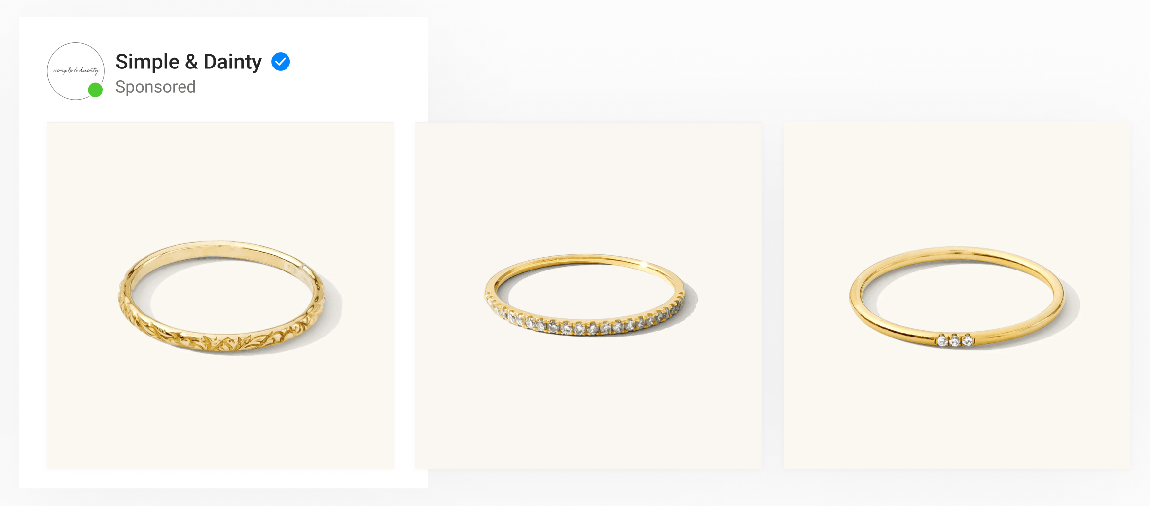 A dynamic carousel ad by women's jewelry brand Simple & Dainty showing plain product images of bracelets