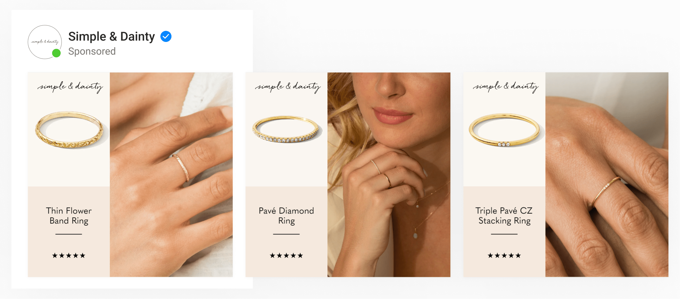 A 2-image dynamic ad by jewelry brand Simple & Dainty with product name, 5 stars, and product & lifestyle images side by side