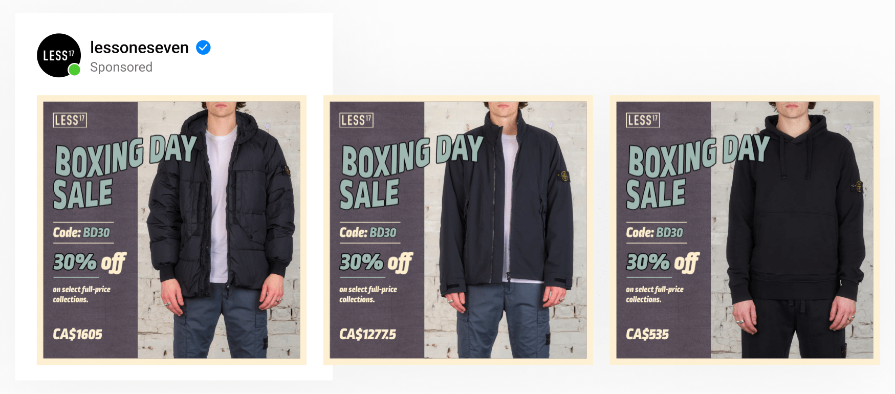 A dynamic catalog ad by luxe clothing brand Less17 using product images with Boxing Day messaging, discount & coupon code