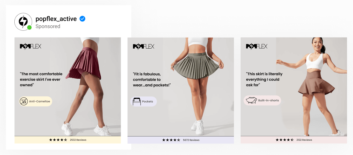 A dynamic ad template by athleisure brand using lifetsyle images with review count, 5 stars & unique selling points