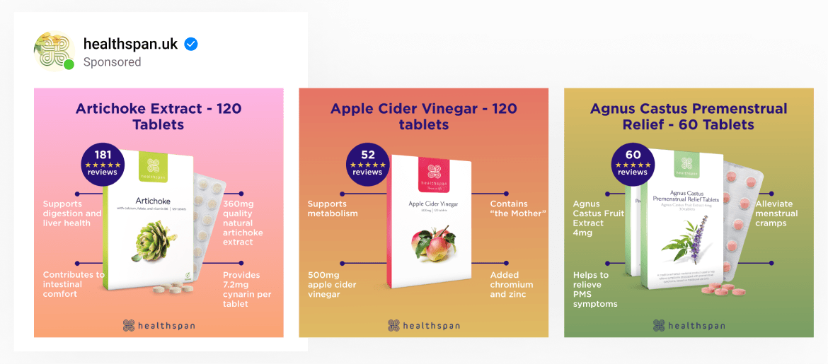 A dynamic ad template for a pharma brand with vitamins on top of custom gradients with unique selling points overlaid.