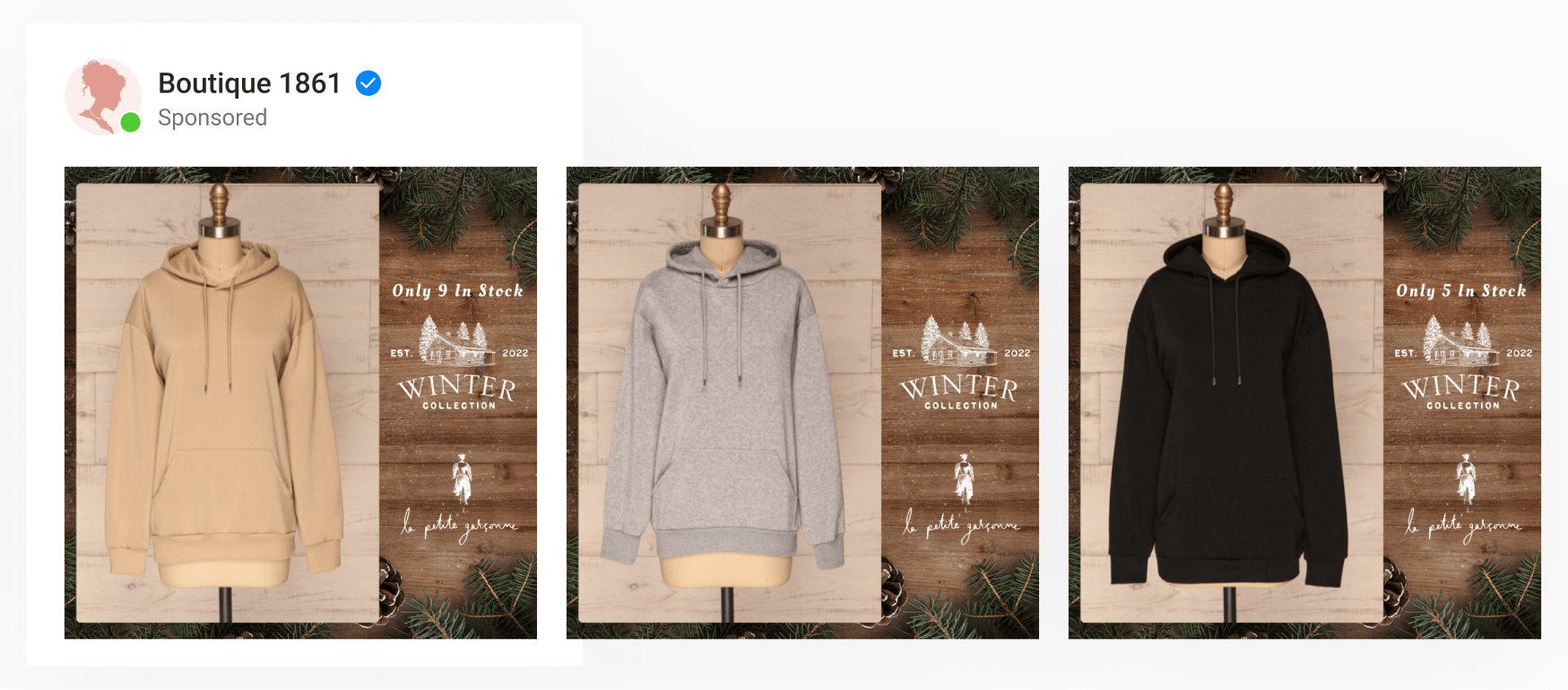 A dynamic catalog ad by clothing boutique Boutique 1861 using winter-themed, custom frames with inventory automation overlaid
