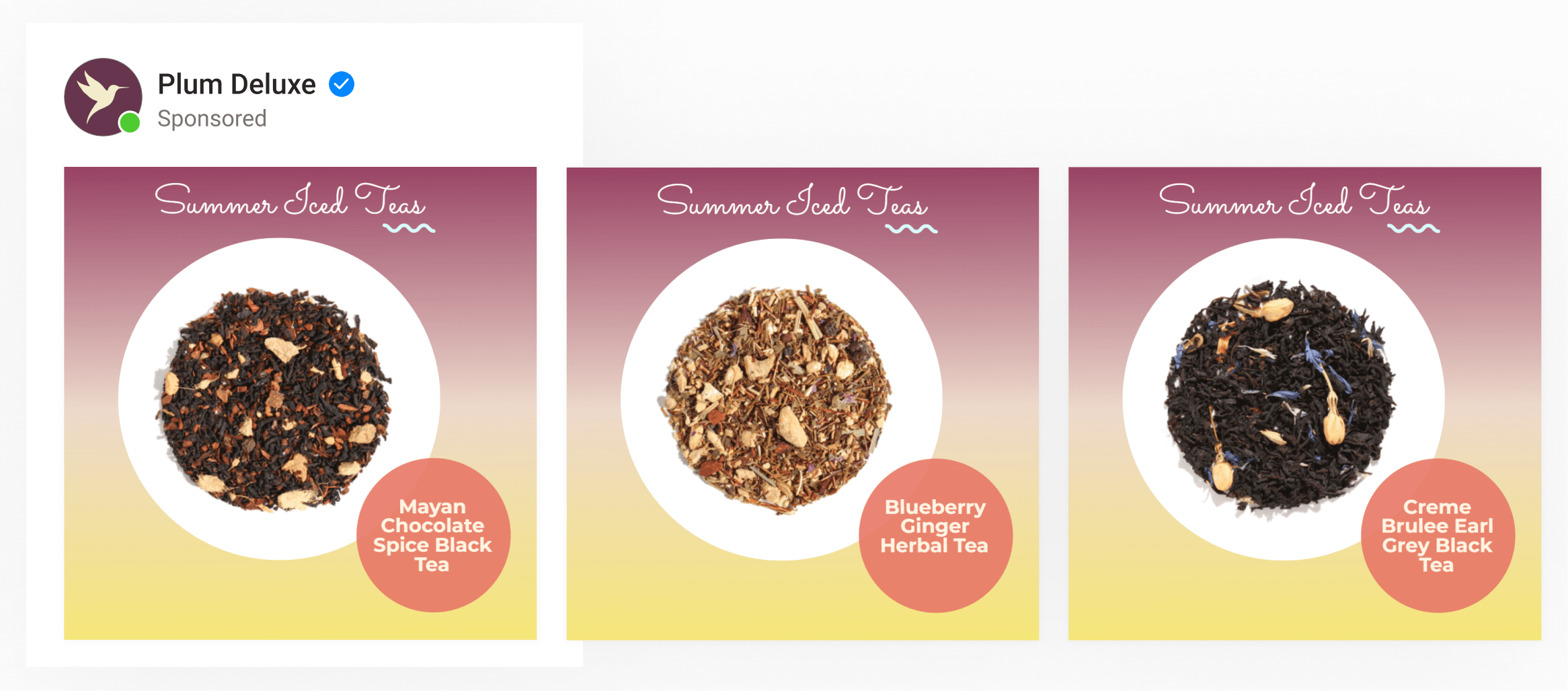A dynamic catalog ad by tea brand Plum Deluxe with a close-up shot of the tea leaves next to product title product category.