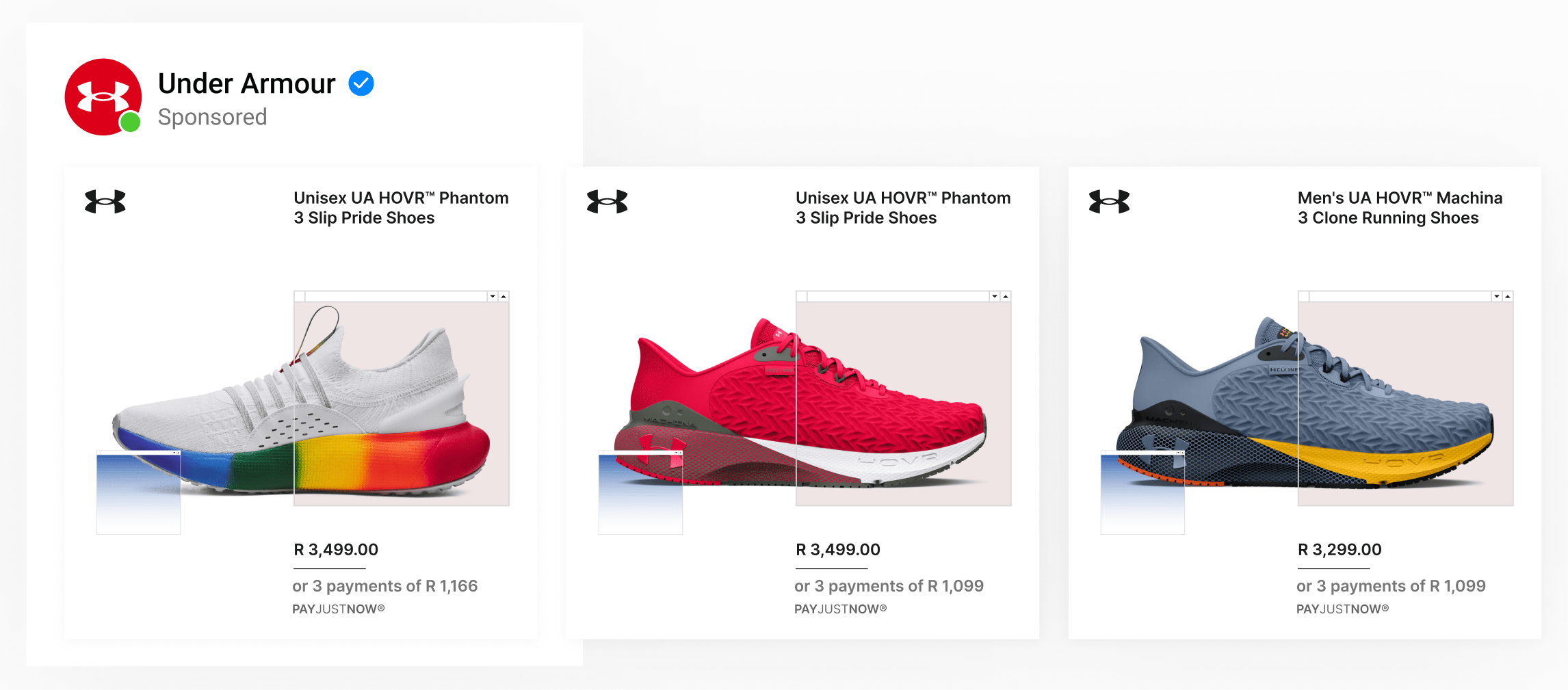 A dynamic ad template by sportswear brand Under Armour using custom backgrounds showing product name, price & BNPL offers