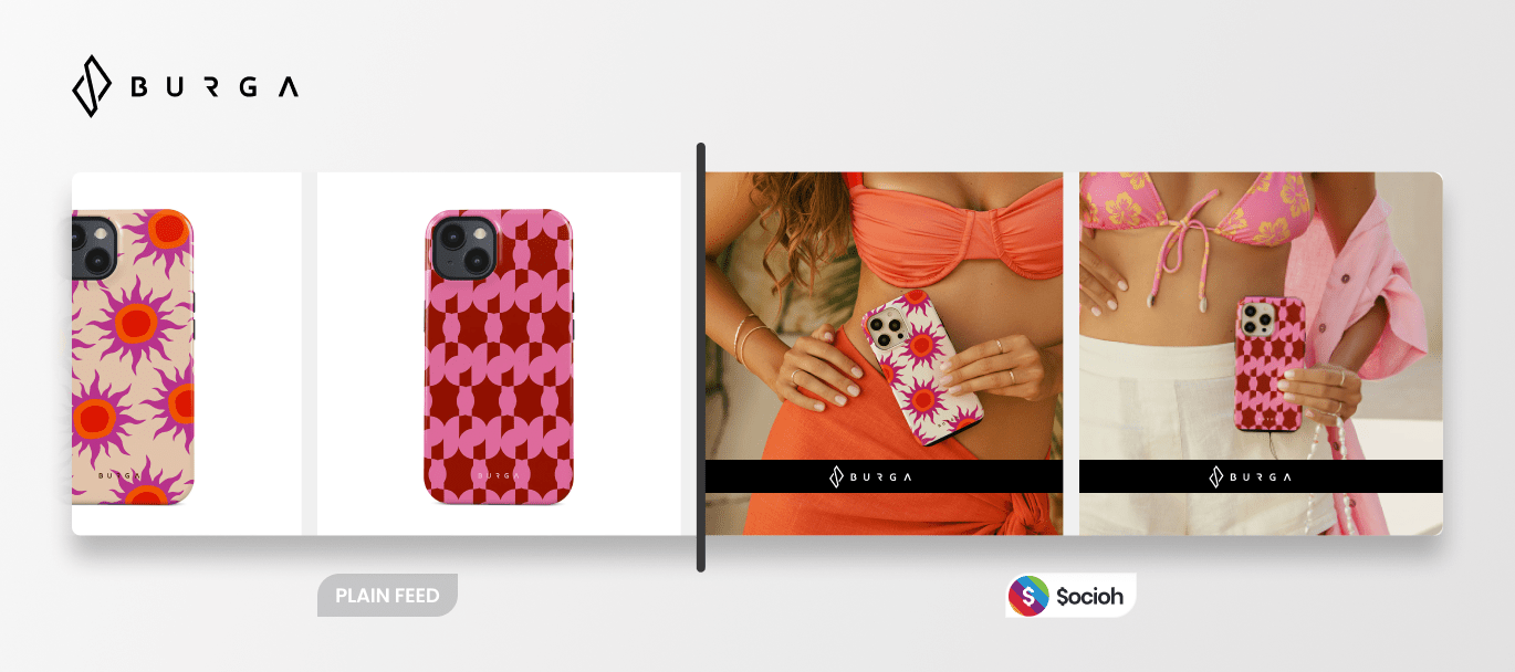 Before-after shot of phone accessory brand Burga's dynamic ad showing how the brand replaced its plain product images with lifestyle images using Socioh