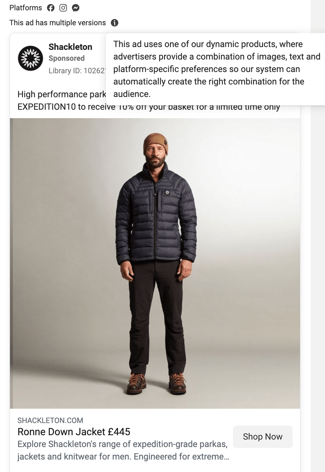 Single image dynamic ad by apparel company Shackleton