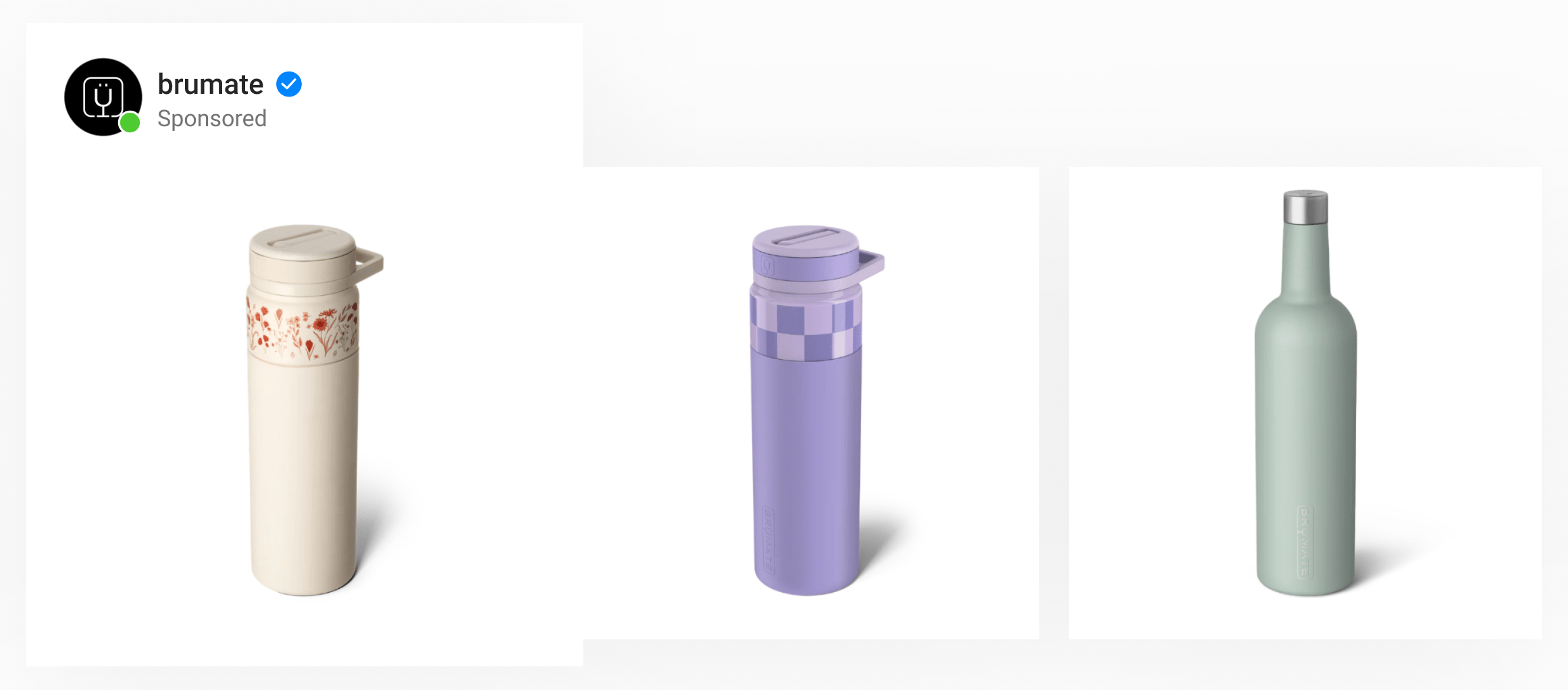 A dynamic carousel ad by designer drinkware brand Brumate showing plain product images of different tumblers.