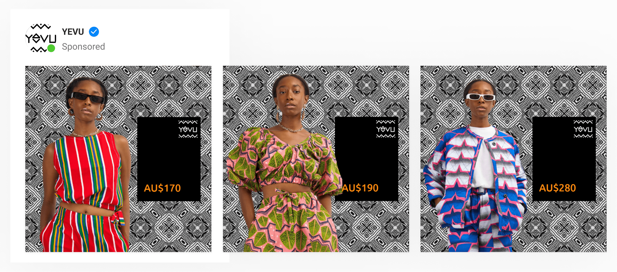 A dynamic ad by clothing brand Yevu with unique on-brand backgrounds to complement the product. Includes price.