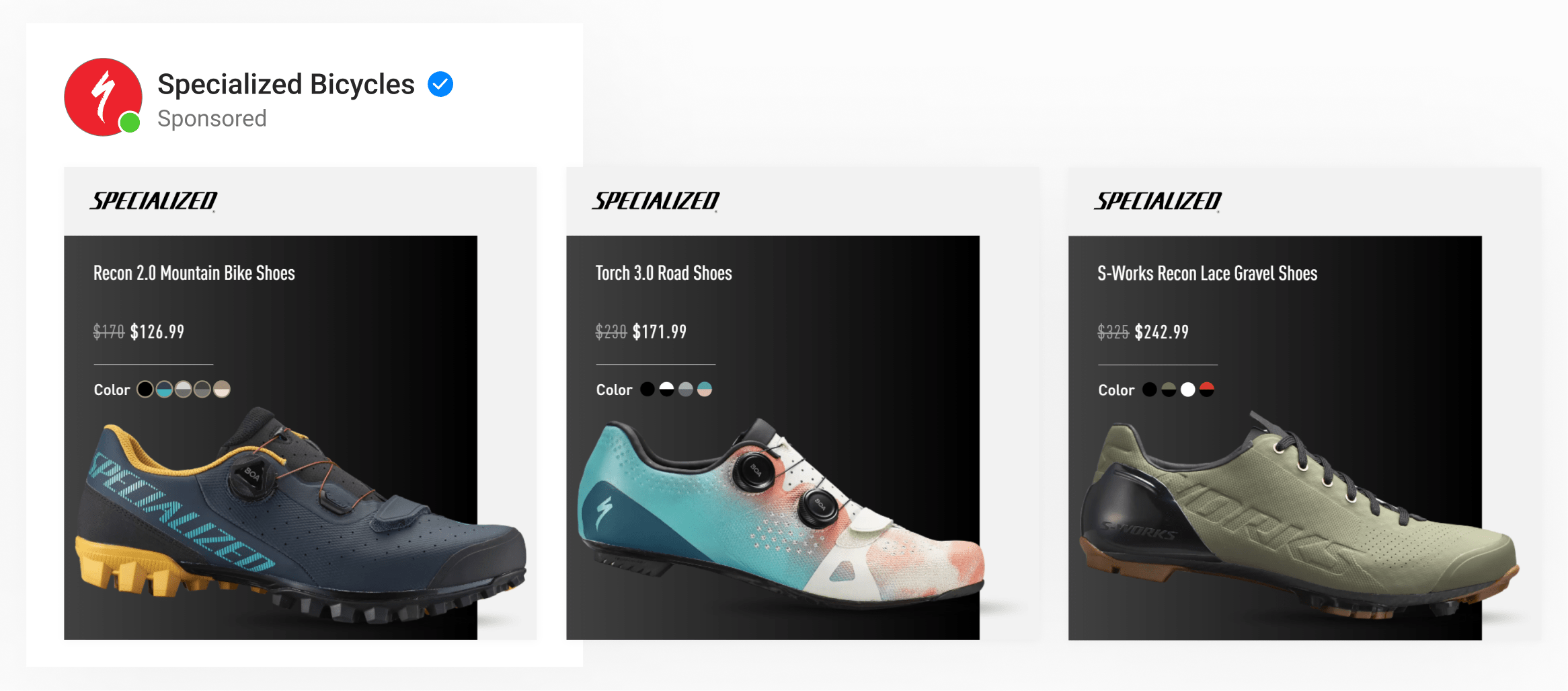A dynamic ad template for an international sportswear brand with bike shoes on top of gradient backgrounds with price, name & variant info.