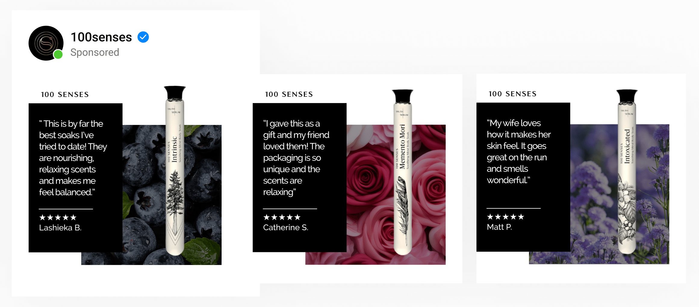 A dynamic ad by bed & bath brand with background-removed products on floral backgrounds with customer reviews.