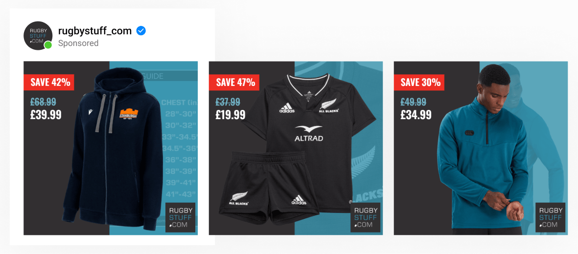 A dynamic catalog ad by rugby equipment brand with 2 images, one of them in the background. Shows cut-price and discount