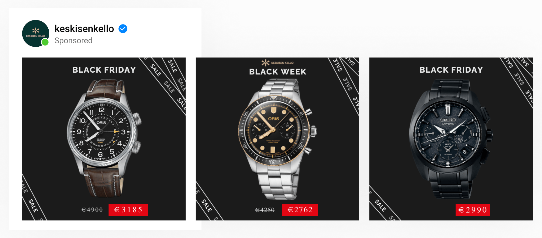 A dynamic catalog ad by watch brand using dark backgrounds behind product images with Black Friday messaging & cut price