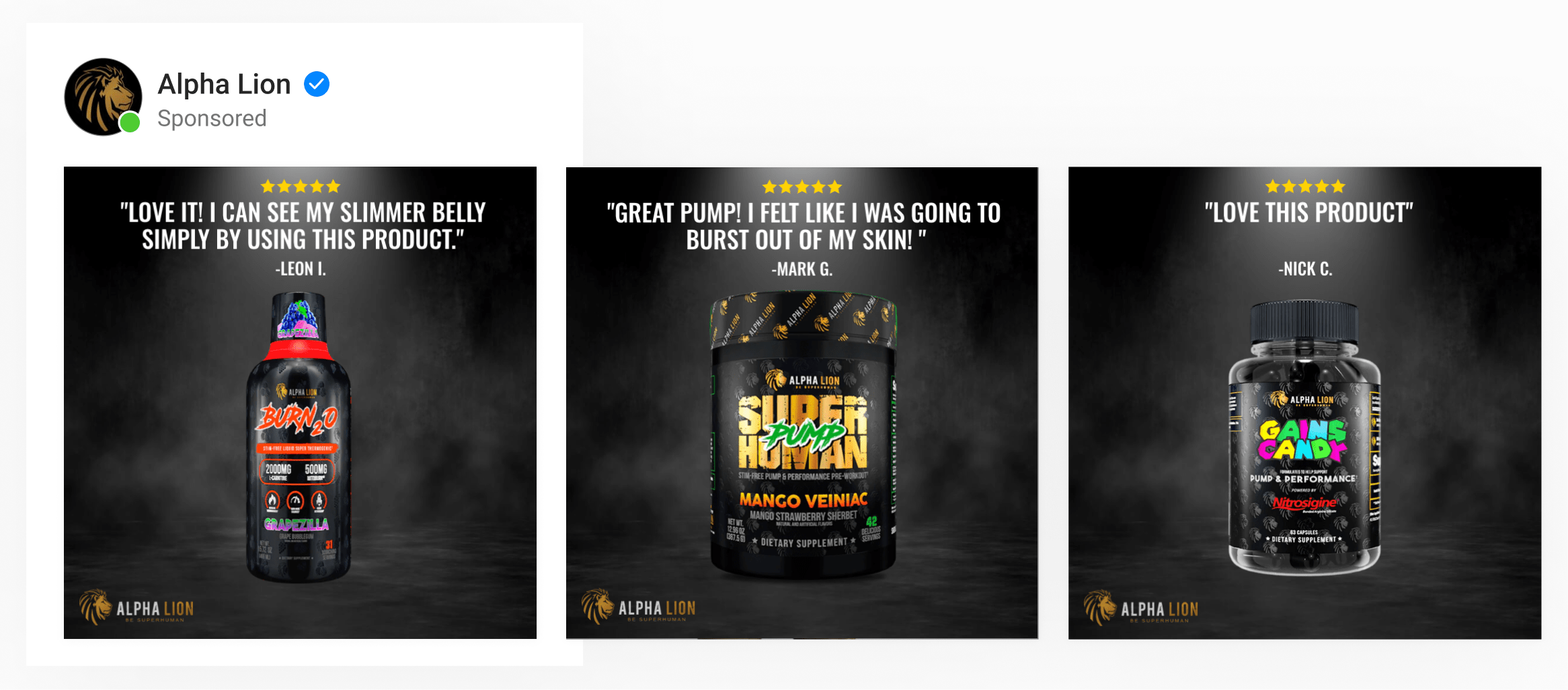 A dynamic ad template for a nutrition brand with supplement bottles on top of textured backgrounds with customer reviews.