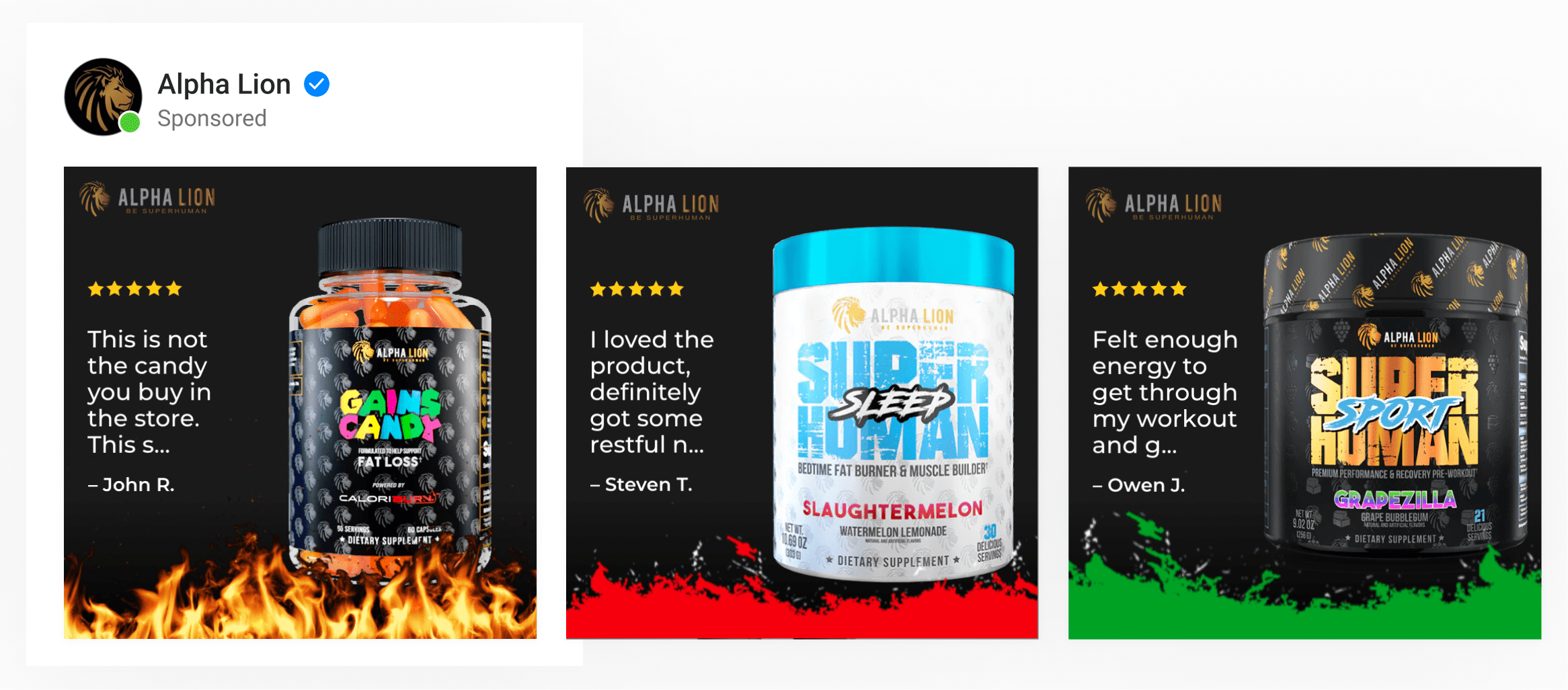 A dynamic ad template for a nutrition brand with supplement bottles on top of grunge backgrounds with customer reviews.