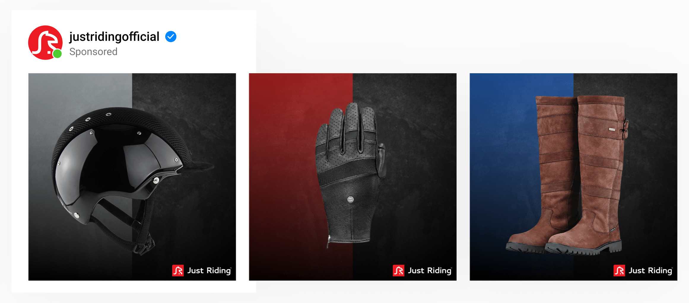 A dynamic ad template by equestrian brand with riding equipment on top of custom, two-tone grunge backgrounds.
