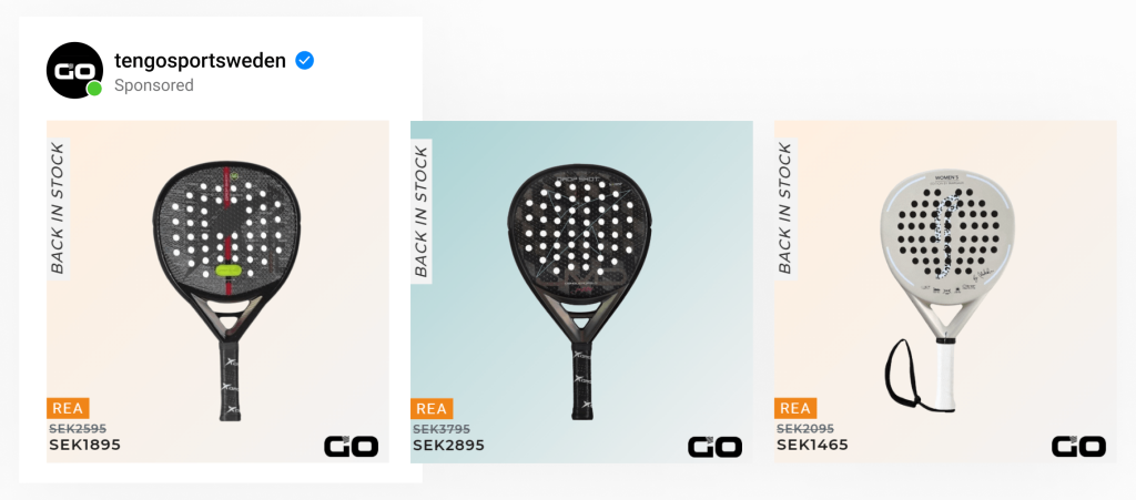 A dynamic ad template by sports equipment brand with rackets with backgrounds replaced with on-brand gradients & price