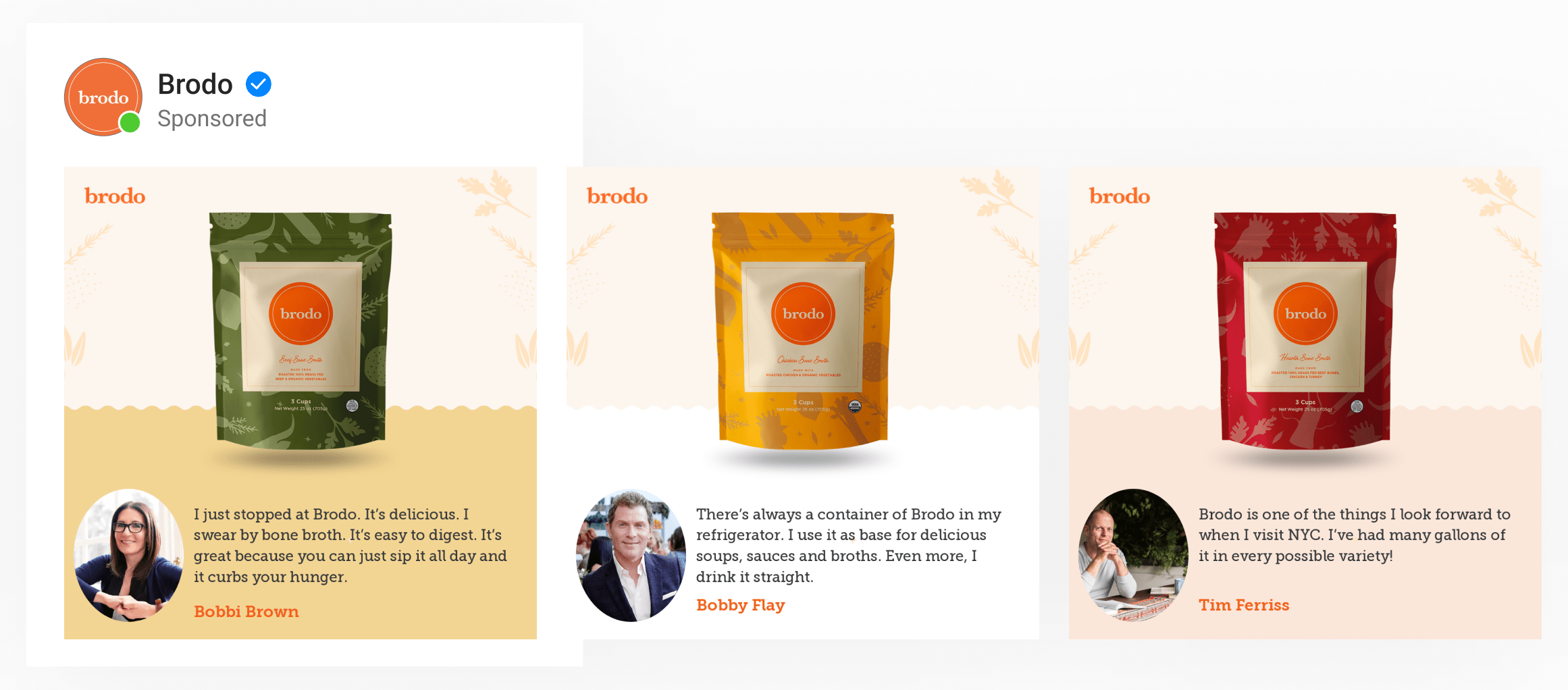 A dynamic ad by broth brand Brodo with reviews from known figures and background-removed products, with on-brand graphics.
