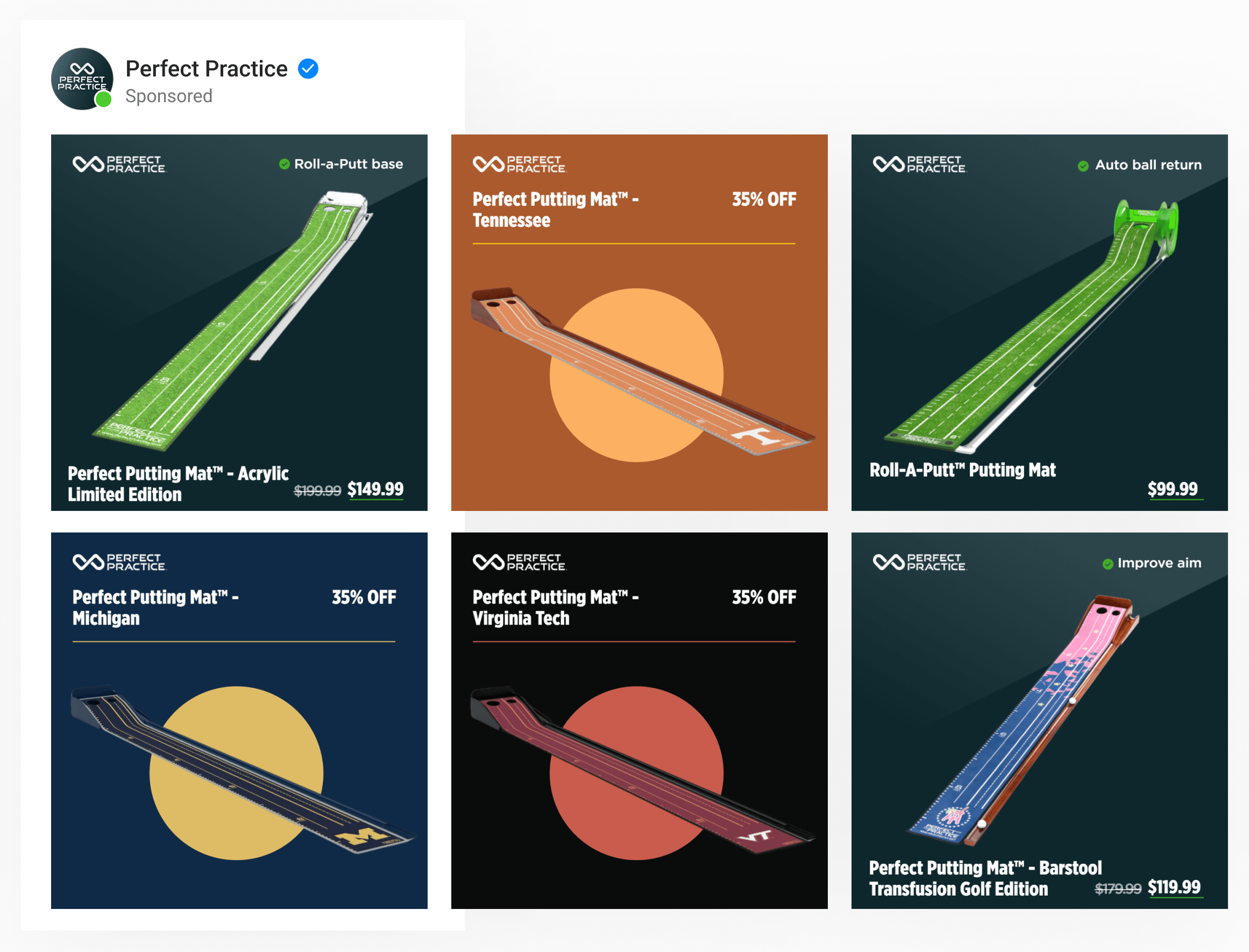 A dynamic ad by golf accessory brand Perfect Practice with value props, removed backgrounds, product title, and cut price