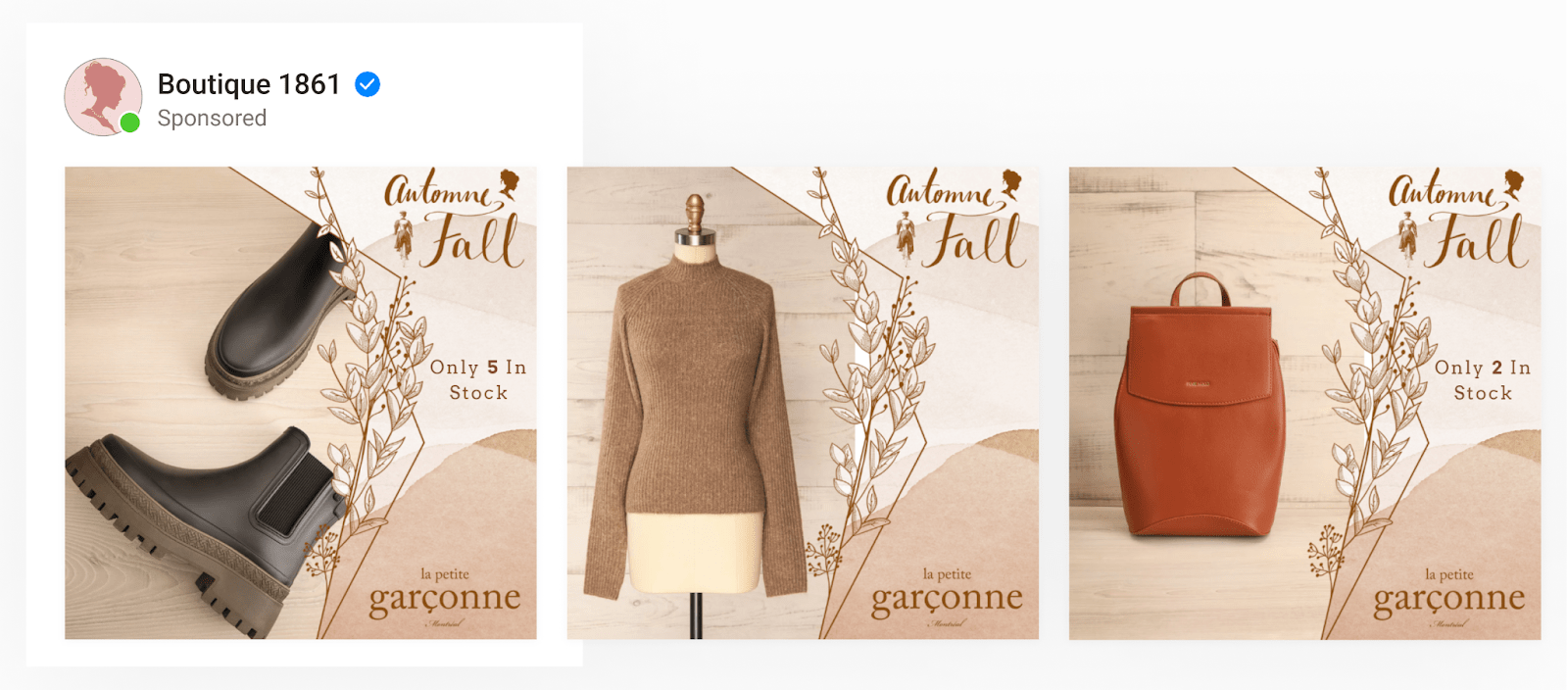 A dynamic catalog ad by clothing boutique using autumn-themed, custom designed frames with inventory automation overlaid