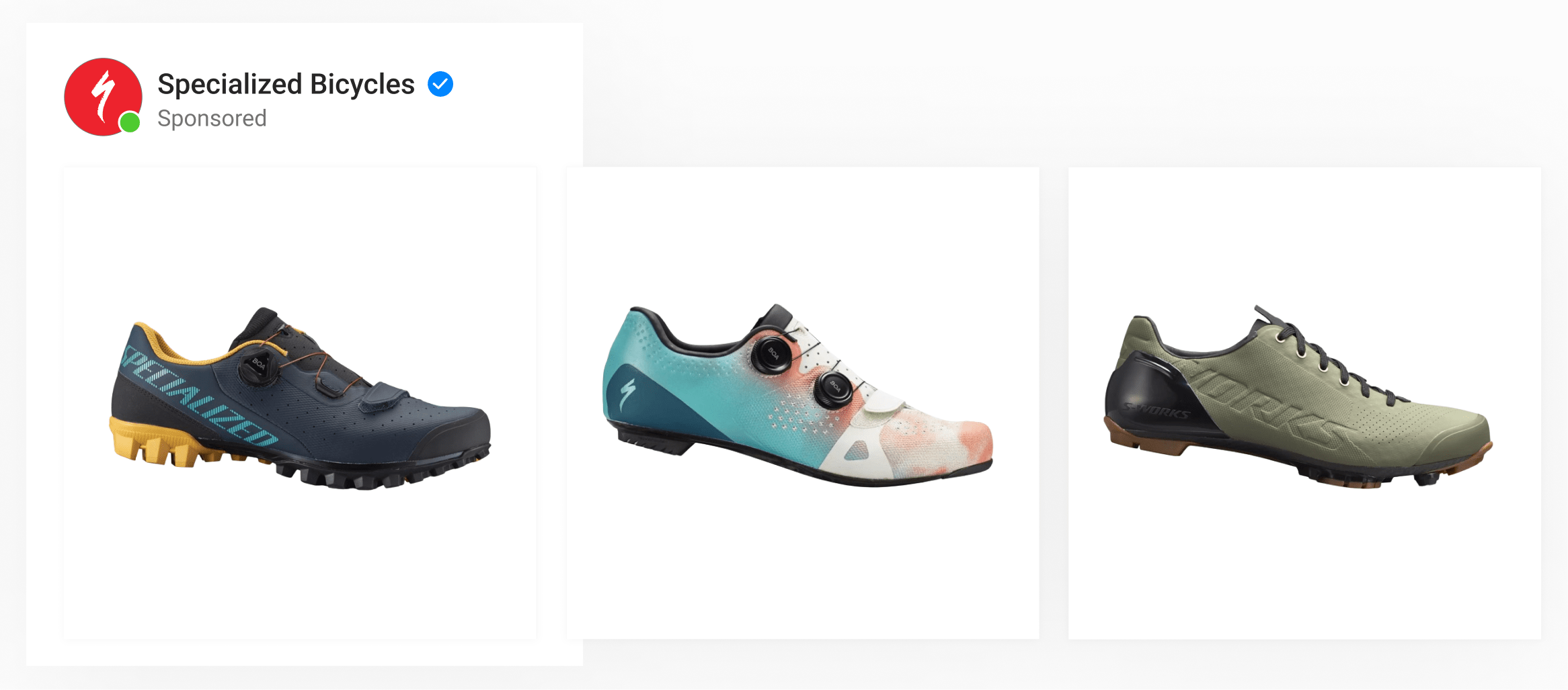 A carousel ad of sports shoes with plain white backgrounds by Specialized.