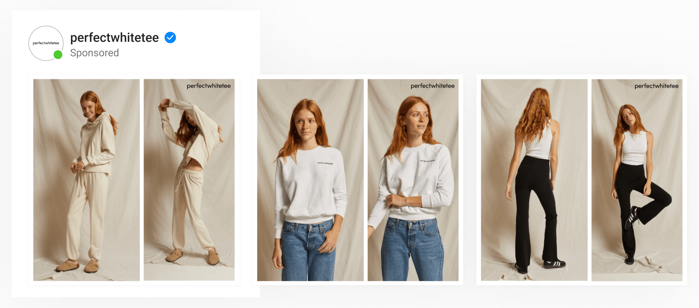 A 2-image template by apparel brand Perfect Whtie Tee showing two side-by-side vertical lifestyle images with a logo.