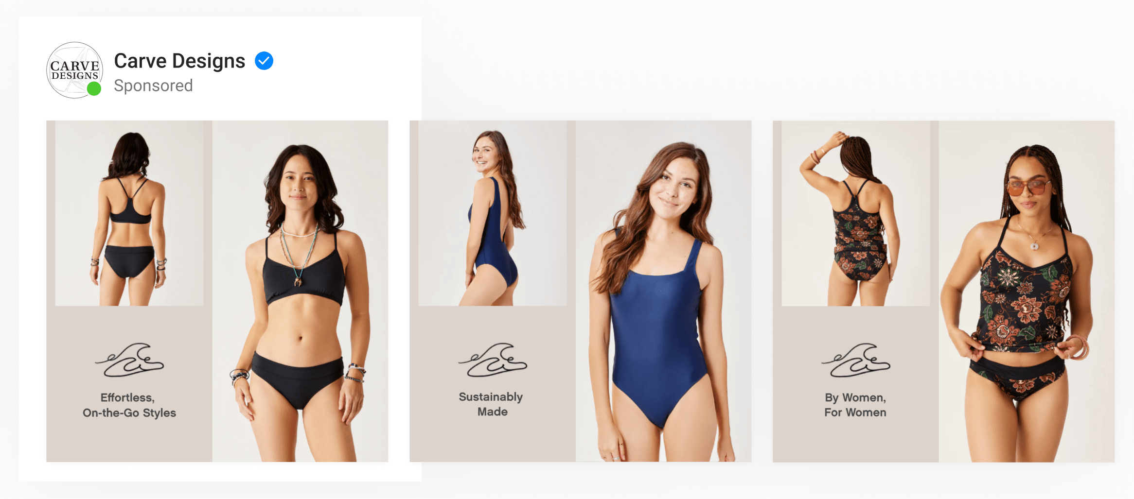 A dynamic catalog ad by women's clothing brand using two model shots side-by-side with rotating unique selling points
