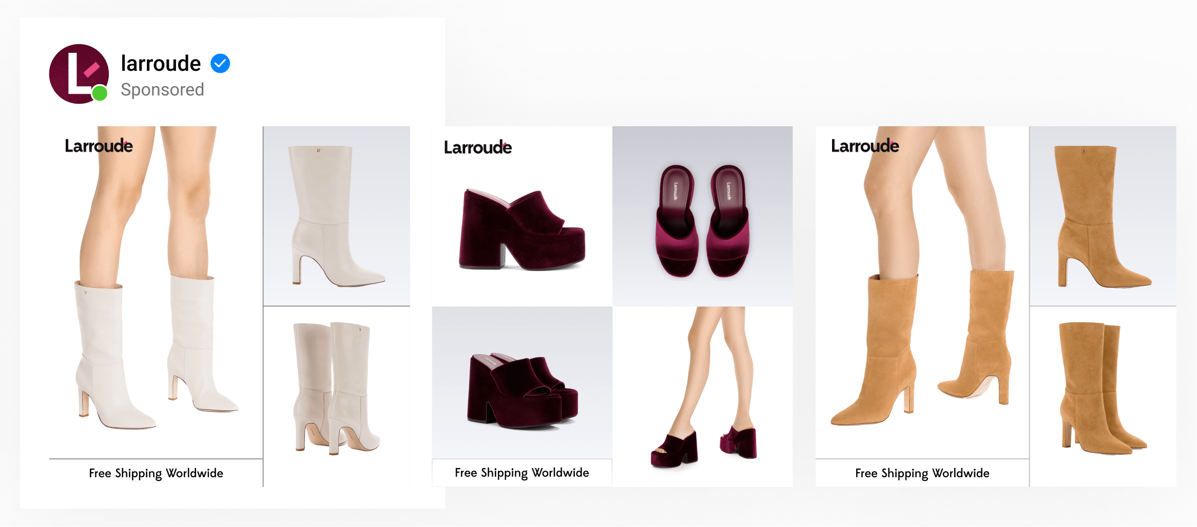 A grid-based template by a luxury footwear brand showing three to four angles of the shoe with custom backgrounds.