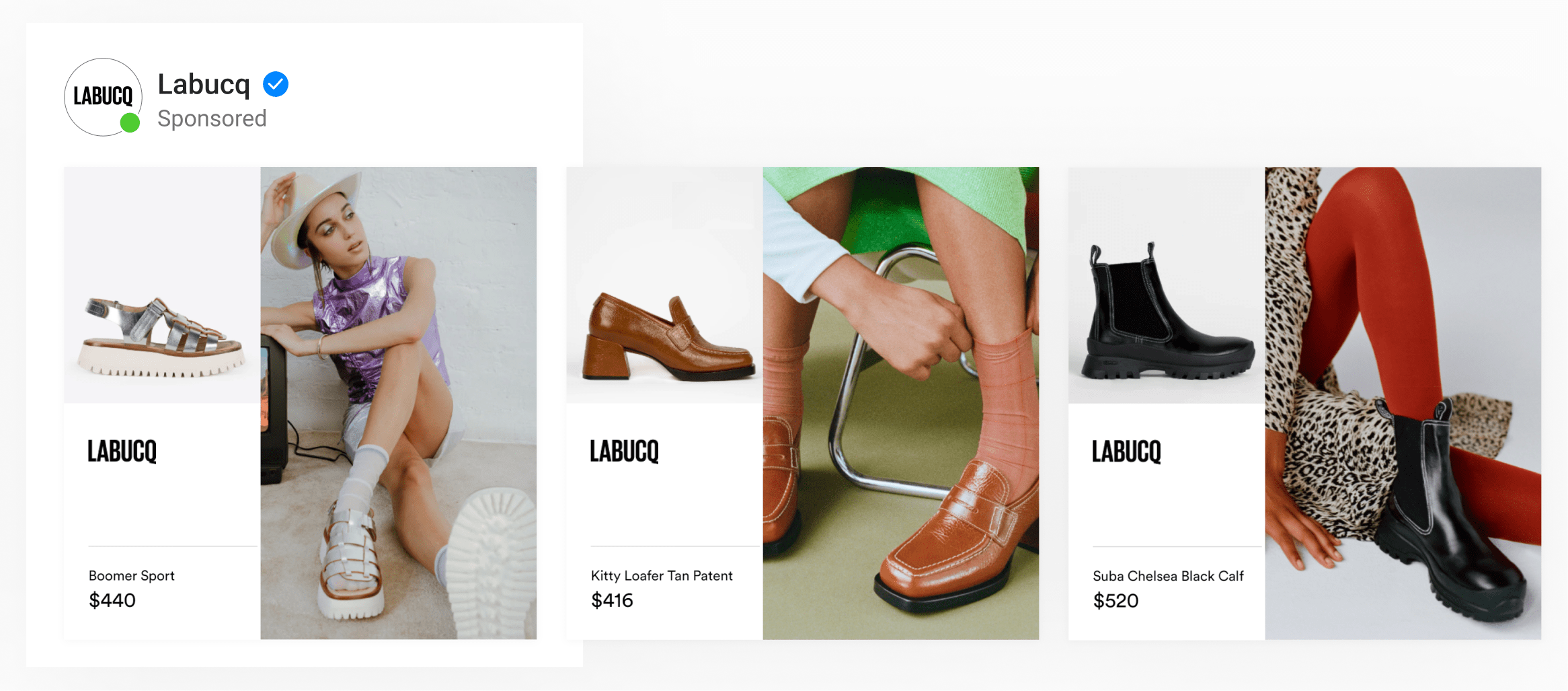 A two-image template by luxury footwear brand Labucq showing lifestyle image, product image, product title and price.
